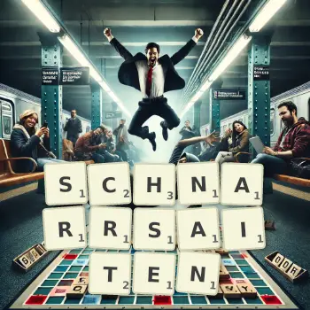 Kreative Illustration für ein Scrabble-Spiel, bei dem das Wort SCHNARRSAITEN mit Steinen auf dem Brett gelegt wurde.