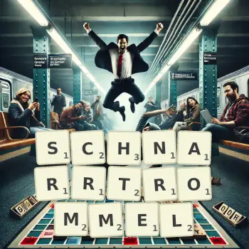 Kreative Illustration für ein Scrabble-Spiel, bei dem das Wort SCHNARRTROMMEL mit Steinen auf dem Brett gelegt wurde.