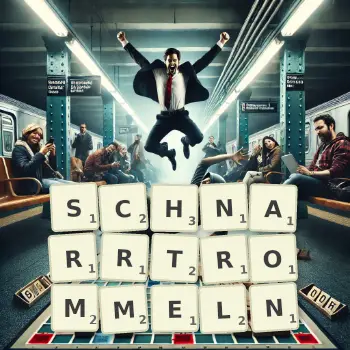 Kreative Illustration für ein Scrabble-Spiel, bei dem das Wort SCHNARRTROMMELN mit Steinen auf dem Brett gelegt wurde.