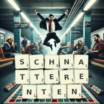 Kreative Illustration für ein Scrabble-Spiel, bei dem das Wort SCHNATTERENTEN mit Steinen auf dem Brett gelegt wurde.