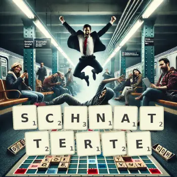 Kreative Illustration für ein Scrabble-Spiel, bei dem das Wort SCHNATTERTE mit Steinen auf dem Brett gelegt wurde.