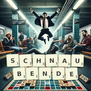 Kreative Illustration für ein Scrabble-Spiel, bei dem das Wort SCHNAUBENDE mit Steinen auf dem Brett gelegt wurde.