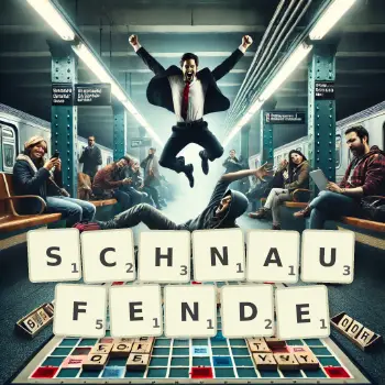Kreative Illustration für ein Scrabble-Spiel, bei dem das Wort SCHNAUFENDE mit Steinen auf dem Brett gelegt wurde.