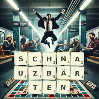 Kreative Illustration für ein Scrabble-Spiel, bei dem das Wort SCHNAUZBÄRTEN mit Steinen auf dem Brett gelegt wurde.