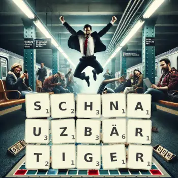 Kreative Illustration für ein Scrabble-Spiel, bei dem das Wort SCHNAUZBÄRTIGER mit Steinen auf dem Brett gelegt wurde.