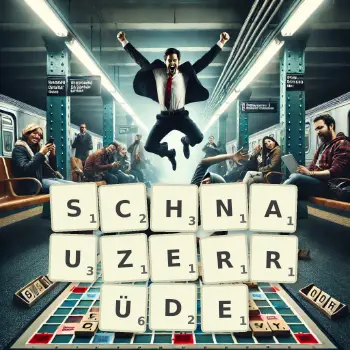 Kreative Illustration für ein Scrabble-Spiel, bei dem das Wort SCHNAUZERRÜDE mit Steinen auf dem Brett gelegt wurde.