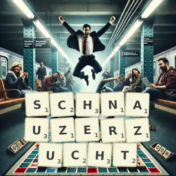 Kreative Illustration für ein Scrabble-Spiel, bei dem das Wort SCHNAUZERZUCHT mit Steinen auf dem Brett gelegt wurde.