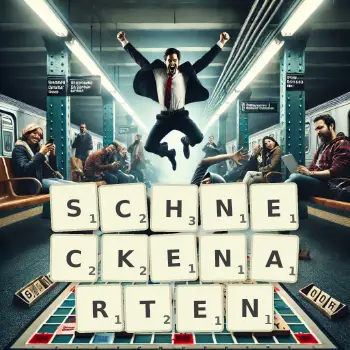 Kreative Illustration für ein Scrabble-Spiel, bei dem das Wort SCHNECKENARTEN mit Steinen auf dem Brett gelegt wurde.