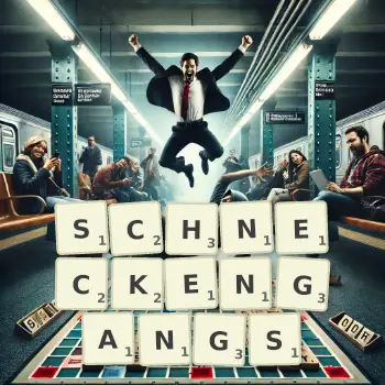 Kreative Illustration für ein Scrabble-Spiel, bei dem das Wort SCHNECKENGANGS mit Steinen auf dem Brett gelegt wurde.
