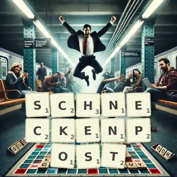 Kreative Illustration für ein Scrabble-Spiel, bei dem das Wort SCHNECKENPOST mit Steinen auf dem Brett gelegt wurde.