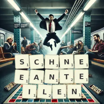 Kreative Illustration für ein Scrabble-Spiel, bei dem das Wort SCHNEEANTEILEN mit Steinen auf dem Brett gelegt wurde.
