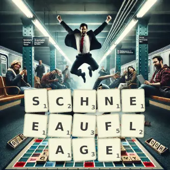 Kreative Illustration für ein Scrabble-Spiel, bei dem das Wort SCHNEEAUFLAGE mit Steinen auf dem Brett gelegt wurde.