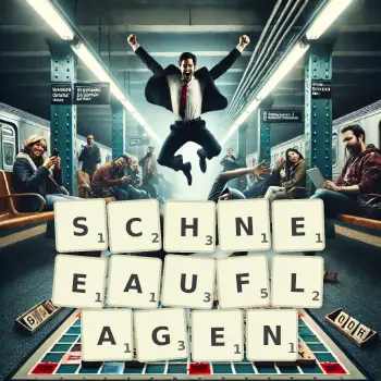 Kreative Illustration für ein Scrabble-Spiel, bei dem das Wort SCHNEEAUFLAGEN mit Steinen auf dem Brett gelegt wurde.