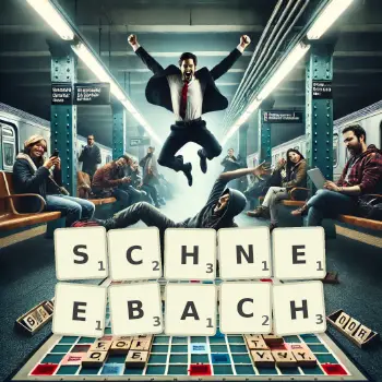 Kreative Illustration für ein Scrabble-Spiel, bei dem das Wort SCHNEEBACH mit Steinen auf dem Brett gelegt wurde.
