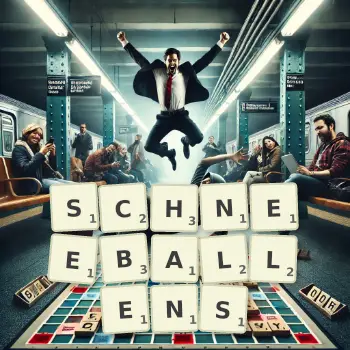 Kreative Illustration für ein Scrabble-Spiel, bei dem das Wort SCHNEEBALLENS mit Steinen auf dem Brett gelegt wurde.