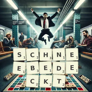 Kreative Illustration für ein Scrabble-Spiel, bei dem das Wort SCHNEEBEDECKT mit Steinen auf dem Brett gelegt wurde.