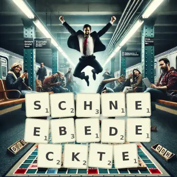 Kreative Illustration für ein Scrabble-Spiel, bei dem das Wort SCHNEEBEDECKTE mit Steinen auf dem Brett gelegt wurde.
