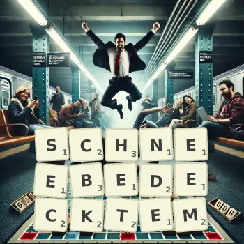 Kreative Illustration für ein Scrabble-Spiel, bei dem das Wort SCHNEEBEDECKTEM mit Steinen auf dem Brett gelegt wurde.