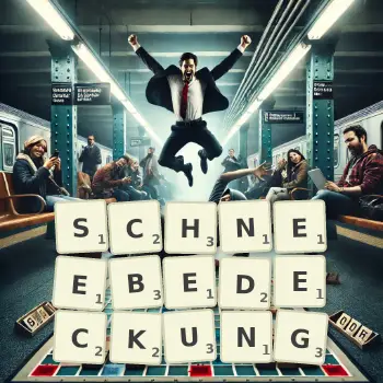 Kreative Illustration für ein Scrabble-Spiel, bei dem das Wort SCHNEEBEDECKUNG mit Steinen auf dem Brett gelegt wurde.