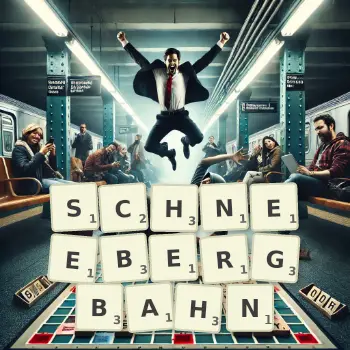 Kreative Illustration für ein Scrabble-Spiel, bei dem das Wort SCHNEEBERGBAHN mit Steinen auf dem Brett gelegt wurde.