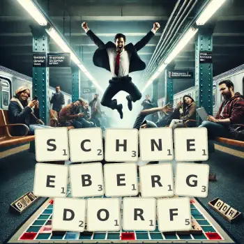 Kreative Illustration für ein Scrabble-Spiel, bei dem das Wort SCHNEEBERGDORF mit Steinen auf dem Brett gelegt wurde.