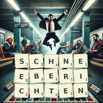 Kreative Illustration für ein Scrabble-Spiel, bei dem das Wort SCHNEEBERICHTEN mit Steinen auf dem Brett gelegt wurde.