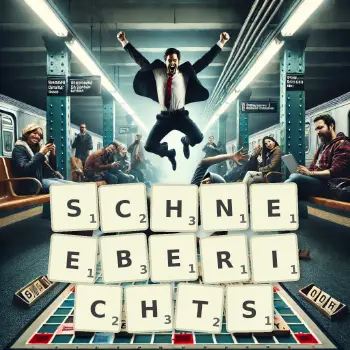 Kreative Illustration für ein Scrabble-Spiel, bei dem das Wort SCHNEEBERICHTS mit Steinen auf dem Brett gelegt wurde.