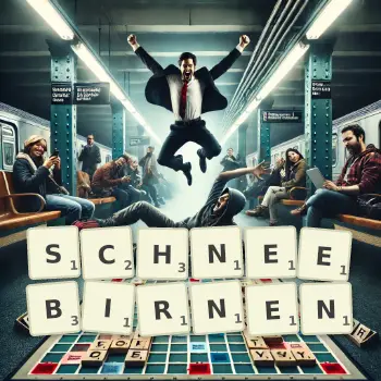 Kreative Illustration für ein Scrabble-Spiel, bei dem das Wort SCHNEEBIRNEN mit Steinen auf dem Brett gelegt wurde.