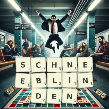 Kreative Illustration für ein Scrabble-Spiel, bei dem das Wort SCHNEEBLINDEN mit Steinen auf dem Brett gelegt wurde.