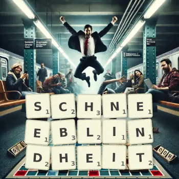 Kreative Illustration für ein Scrabble-Spiel, bei dem das Wort SCHNEEBLINDHEIT mit Steinen auf dem Brett gelegt wurde.