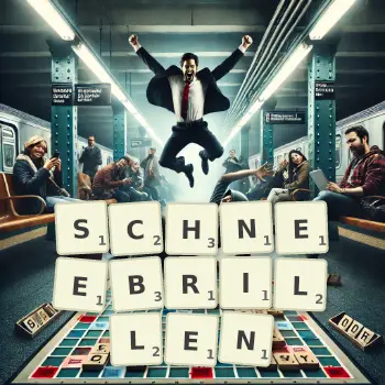Kreative Illustration für ein Scrabble-Spiel, bei dem das Wort SCHNEEBRILLEN mit Steinen auf dem Brett gelegt wurde.