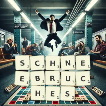 Kreative Illustration für ein Scrabble-Spiel, bei dem das Wort SCHNEEBRUCHES mit Steinen auf dem Brett gelegt wurde.