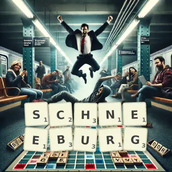 Kreative Illustration für ein Scrabble-Spiel, bei dem das Wort SCHNEEBURG mit Steinen auf dem Brett gelegt wurde.