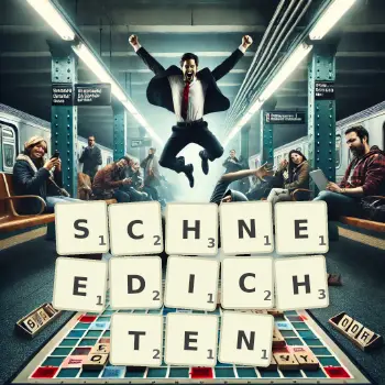 Kreative Illustration für ein Scrabble-Spiel, bei dem das Wort SCHNEEDICHTEN mit Steinen auf dem Brett gelegt wurde.