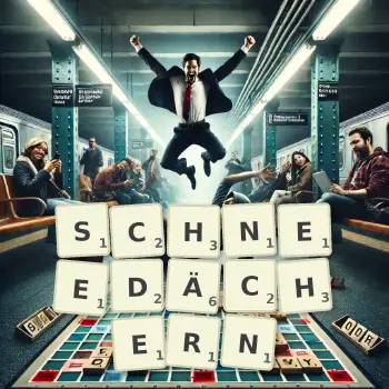Kreative Illustration für ein Scrabble-Spiel, bei dem das Wort SCHNEEDÄCHERN mit Steinen auf dem Brett gelegt wurde.