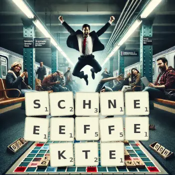 Kreative Illustration für ein Scrabble-Spiel, bei dem das Wort SCHNEEEFFEKTE mit Steinen auf dem Brett gelegt wurde.