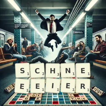 Kreative Illustration für ein Scrabble-Spiel, bei dem das Wort SCHNEEEIER mit Steinen auf dem Brett gelegt wurde.