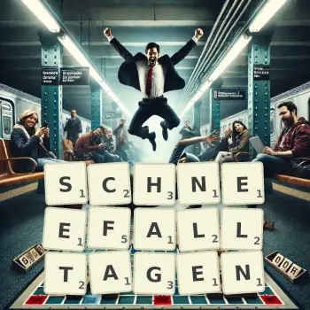 Kreative Illustration für ein Scrabble-Spiel, bei dem das Wort SCHNEEFALLTAGEN mit Steinen auf dem Brett gelegt wurde.