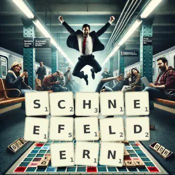 Kreative Illustration für ein Scrabble-Spiel, bei dem das Wort SCHNEEFELDERN mit Steinen auf dem Brett gelegt wurde.