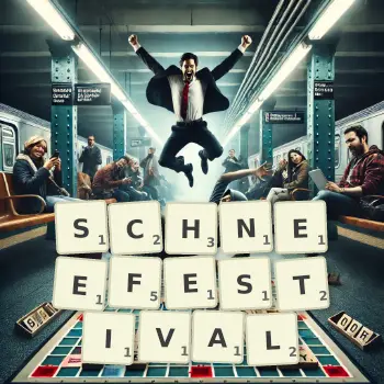 Kreative Illustration für ein Scrabble-Spiel, bei dem das Wort SCHNEEFESTIVAL mit Steinen auf dem Brett gelegt wurde.