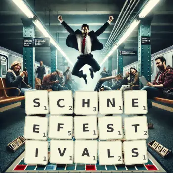 Kreative Illustration für ein Scrabble-Spiel, bei dem das Wort SCHNEEFESTIVALS mit Steinen auf dem Brett gelegt wurde.