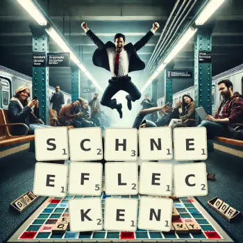 Kreative Illustration für ein Scrabble-Spiel, bei dem das Wort SCHNEEFLECKEN mit Steinen auf dem Brett gelegt wurde.