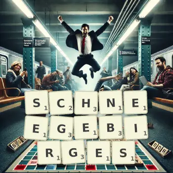 Kreative Illustration für ein Scrabble-Spiel, bei dem das Wort SCHNEEGEBIRGES mit Steinen auf dem Brett gelegt wurde.