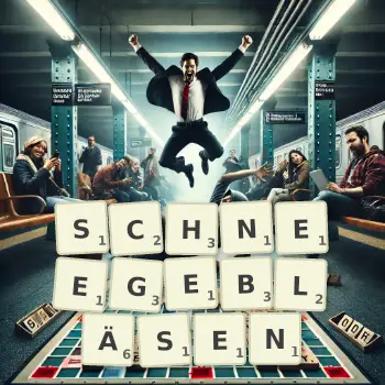 Kreative Illustration für ein Scrabble-Spiel, bei dem das Wort SCHNEEGEBLÄSEN mit Steinen auf dem Brett gelegt wurde.