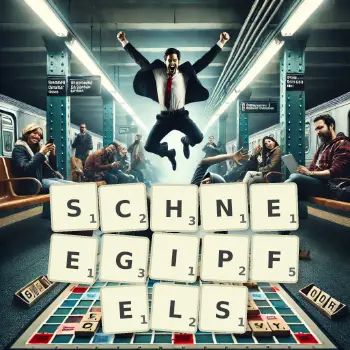 Kreative Illustration für ein Scrabble-Spiel, bei dem das Wort SCHNEEGIPFELS mit Steinen auf dem Brett gelegt wurde.