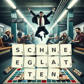 Kreative Illustration für ein Scrabble-Spiel, bei dem das Wort SCHNEEGLATTEN mit Steinen auf dem Brett gelegt wurde.