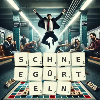 Kreative Illustration für ein Scrabble-Spiel, bei dem das Wort SCHNEEGÜRTELN mit Steinen auf dem Brett gelegt wurde.