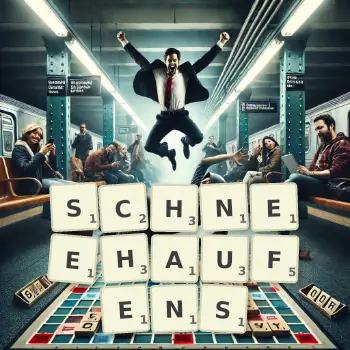 Kreative Illustration für ein Scrabble-Spiel, bei dem das Wort SCHNEEHAUFENS mit Steinen auf dem Brett gelegt wurde.