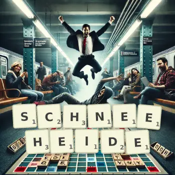 Kreative Illustration für ein Scrabble-Spiel, bei dem das Wort SCHNEEHEIDE mit Steinen auf dem Brett gelegt wurde.