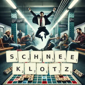 Kreative Illustration für ein Scrabble-Spiel, bei dem das Wort SCHNEEKLOTZ mit Steinen auf dem Brett gelegt wurde.